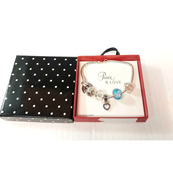 NOBRAND Jewelry - Silver Tone 8" PEACE & LOVE Bracelet With Beads And Charms